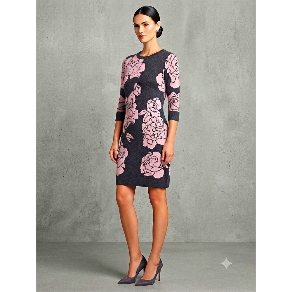 Calvin Klein Gray And Pink Floral Knit Sweater Sheath Dress